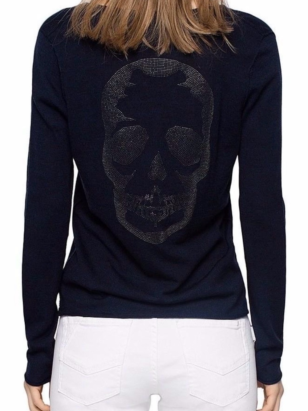 Zadig & Voltaire Navy Rhinestone Skull V-Neck Sweater XS